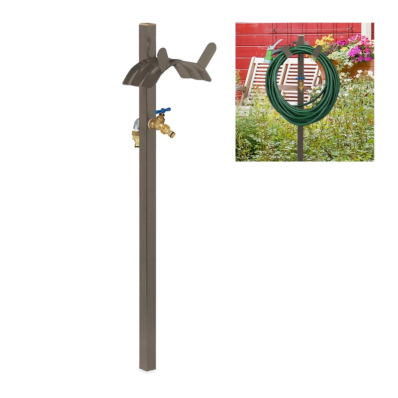 Relaxdays Standing Tap with Hose Pipe Holder, Hanger, for 45 m Hosepipe, 2 x 1/2" Adapter, 107.5 cm Tall, Steel, Brown