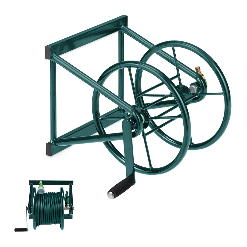 Relaxdays Hose Reel, Wall Mounted, for 60 m Hosepipes, Garden Accessory, Watering, HxWxD: 36 x 55 x 50 cm, Steel, Green