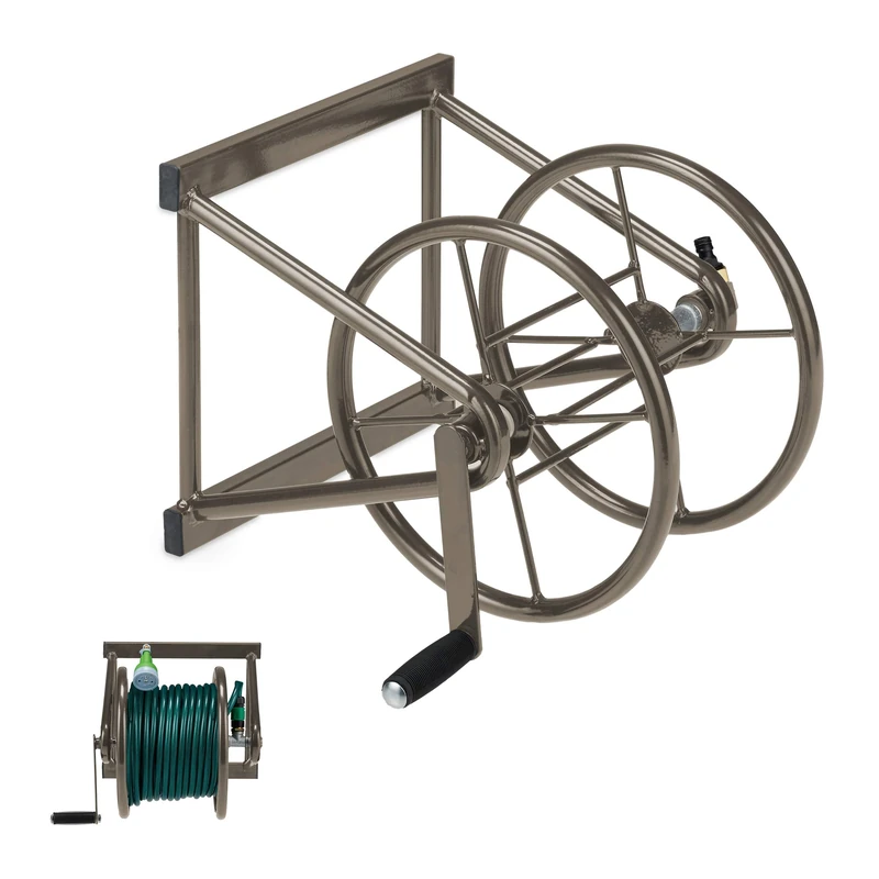 Relaxdays Hose Reel, Wall Mounted, for 60 m Hosepipes, Garden Accessory, Watering, HxWxD: 36 x 55 x 50 cm, Steel, Brown