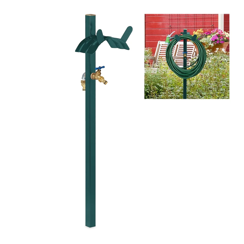 Relaxdays Standing Tap with Hose Pipe Holder, Hanger, for 45 m Hosepipe, 2 x 1/2" Adapter, 107.5x25x18 cm, Steel, Green