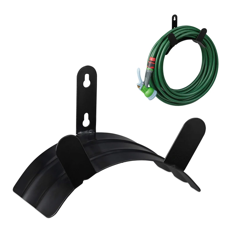 Relaxdays Hose Pipe Holder, for 45 m 5/8" Hosepipe, Wall-Mounted Hanger, Steel, Garden & Garage, 17.5x25x14 cm, Black