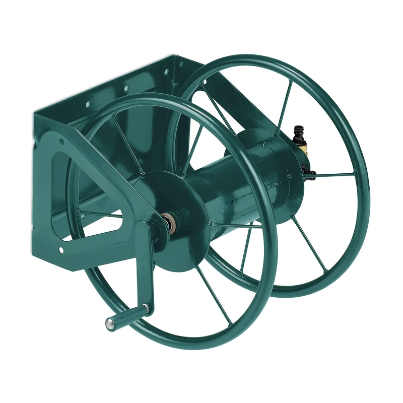 Relaxdays Hose Reel, Wall Mounted, for 60 m Hosepipes, Garden Accessory, Watering, HxWxD: 42 x 53 x 46 cm, Steel, Green