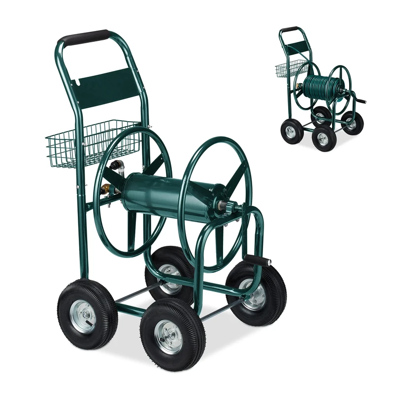 Relaxdays Hose Trolley, Up to 90 Meters, 4 Pneumatic Wheels, H x W x D: 113 x 62 x 90 cm, Steel, Green