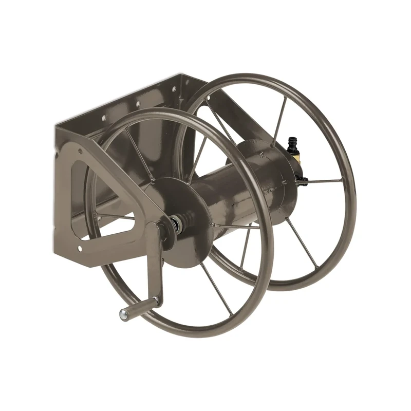 Relaxdays Hose Reel, Steel, 60 m Hose, Click Couplings, Wall Hose Holder, Floor Mounting, 42 x 53 x 46 cm, Brown