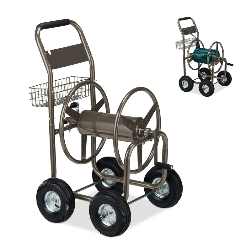 Relaxdays Hose Trolley, Up to 90 Meters, 4 Rubber Wheels, H x W x D: 113 x 62 x 90 cm, Steel, Brown