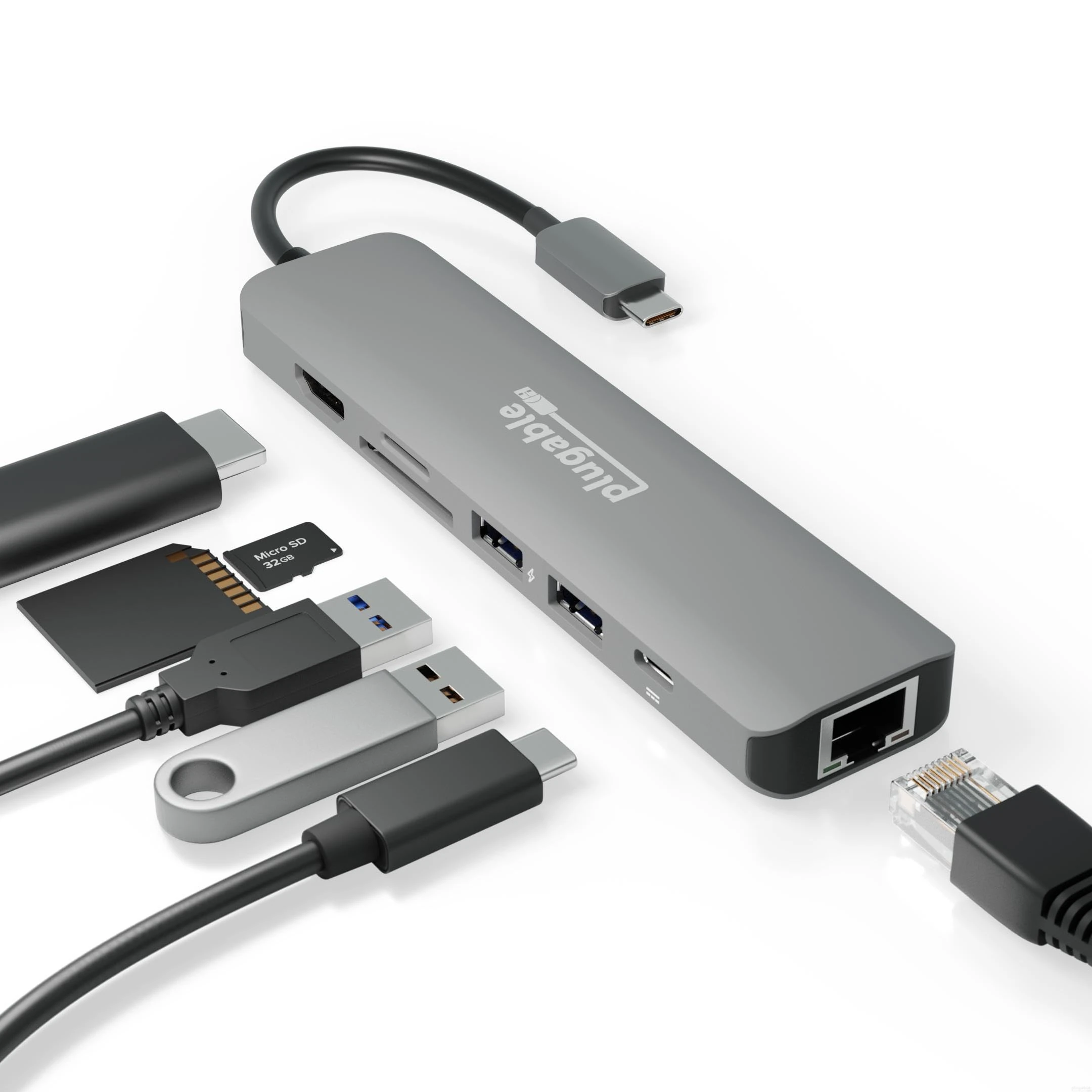 Plugable 7-in-1 USB C Hub Multiport Adapter with Ethernet - Compatible with Mac, Windows, Chromebook, Dell XPS and Thunderbolt 3 (87W Charging, Gigabit Ethernet, 4K HDMI, 2x USB, SD/microSD)