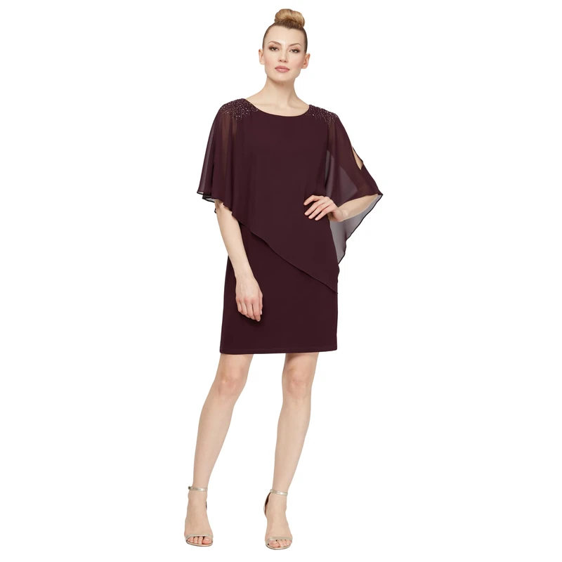 S.L. Fashions Women's Chiffon Capelet Dress with Beading (Missy and Petite) Special Occasion, Aubergine, 12