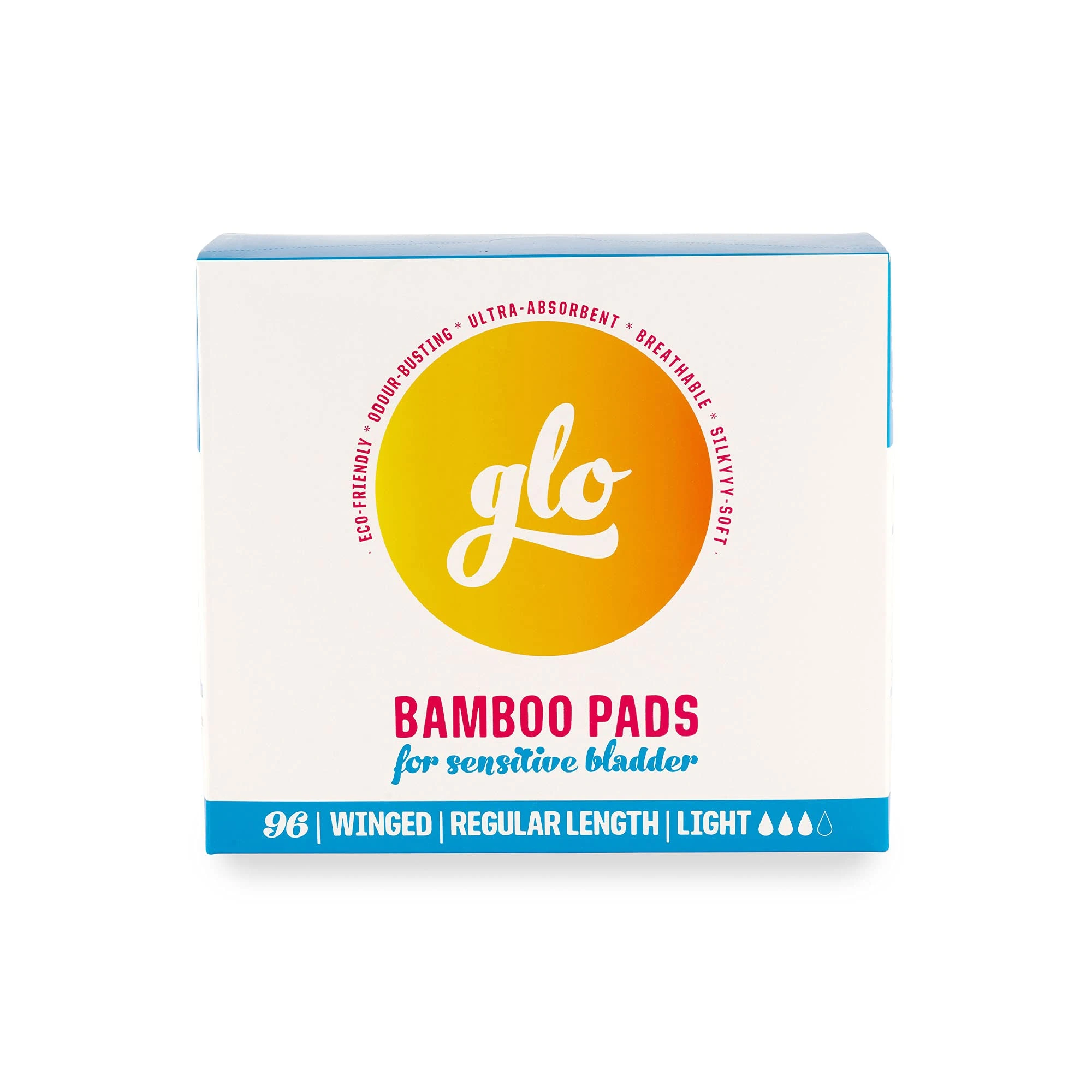 glo Light Incontinence Pads Women for Sensitive Bladders & Periods, Made from Organic Bamboo - Superior Leak Protection and Comfort Sanitary Towels - 96 Pads