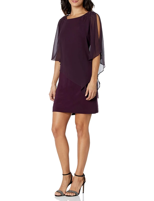 S.L. Fashions Women's Foil Cape Chiffon Dress, Aubergine, 12