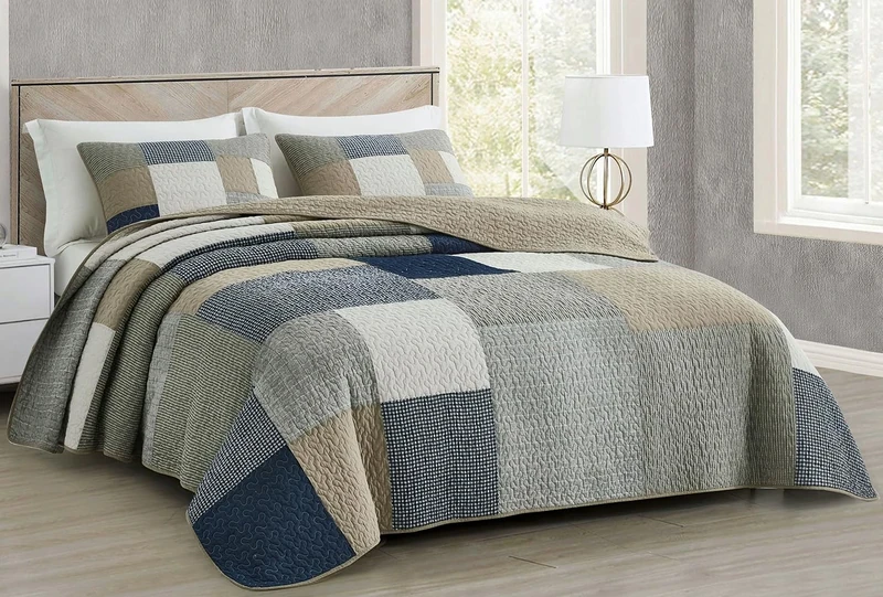 Chezmoi Collection Addy 3-Piece Navy Blue White Gray Taupe Plaid Patchwork Quilt Set - Pre-Washed Cotton Coverlet - Lightweight Reversible Bedspread, Queen Size
