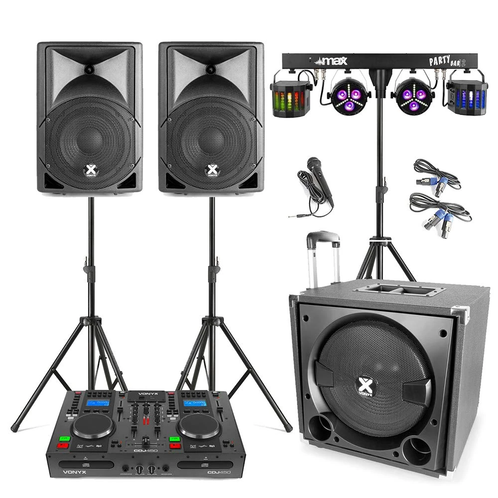 Vonyx VX800 Complete Mobile DJ Setup, 2.1 Active Speaker Package with Subwoofer, Twin Satellite Speakers, Dual CD Mixer, Bluetooth, USB MP3, Lighting Kit, Stand, RCA Cables & Microphone