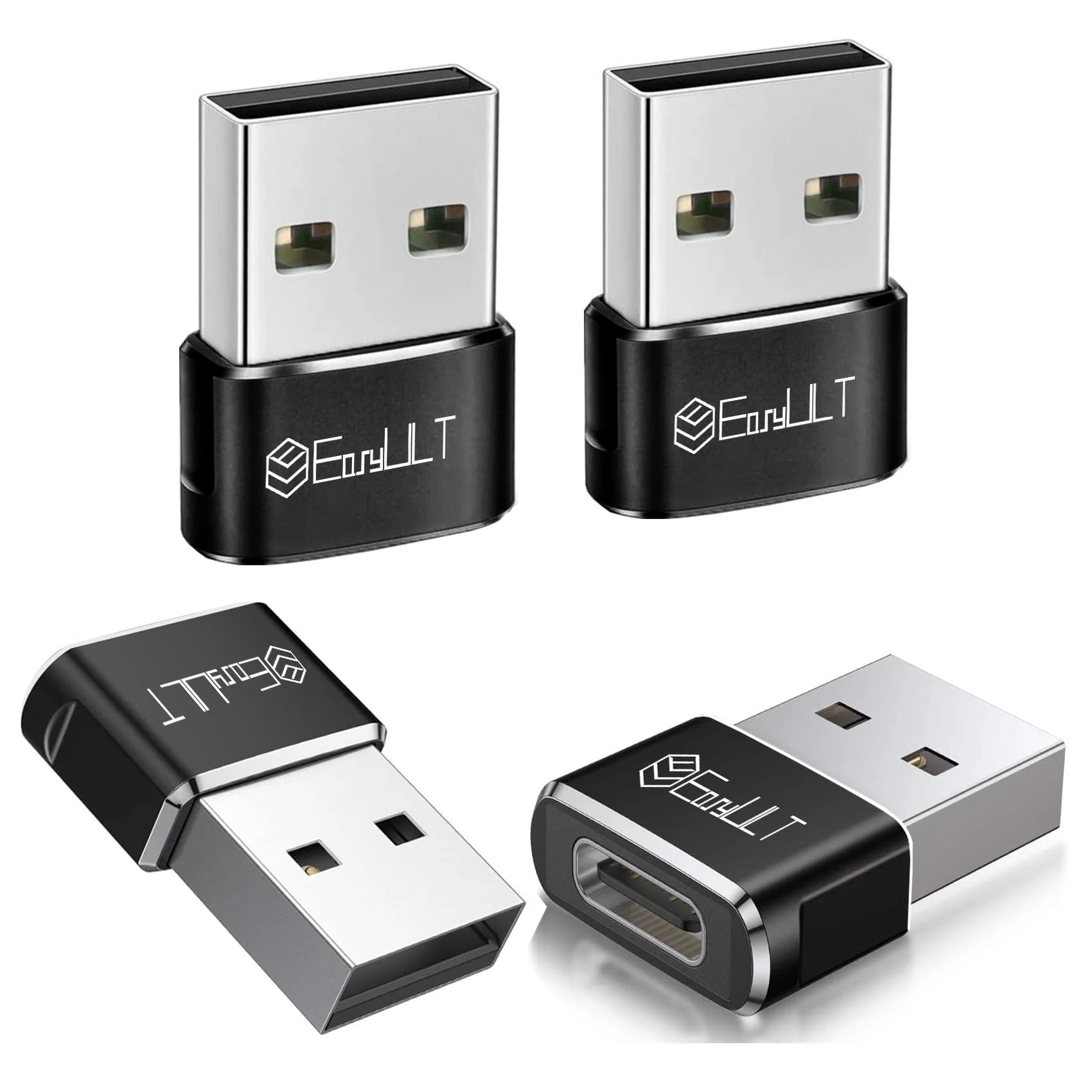 EasyULT USB C Female to USB Male Adapter 4 Pack, Type C Plug Power Converter, Type C to USB A Converter, for Phone 12 13 14 15 Pro Max, SE, Samsung S23 S22, and Other USB C Devices(Black)