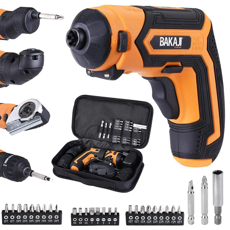 Bakaji Electric Screwdriver Rechargeable Battery 4Nm 200rpm with 3 Adapters + Magnetic Chuck Cutter and 28 LED Work Light Tips with Fabric Case - Image 1