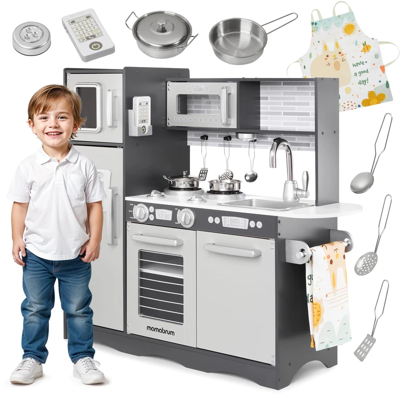 Mamabrum Kids Play Kitchen - Children's Play Kitchens with LED Lightning System - Toy Kitchen Set for Kids with Pretend Cooking Accessories for Role Play - Dark Grey