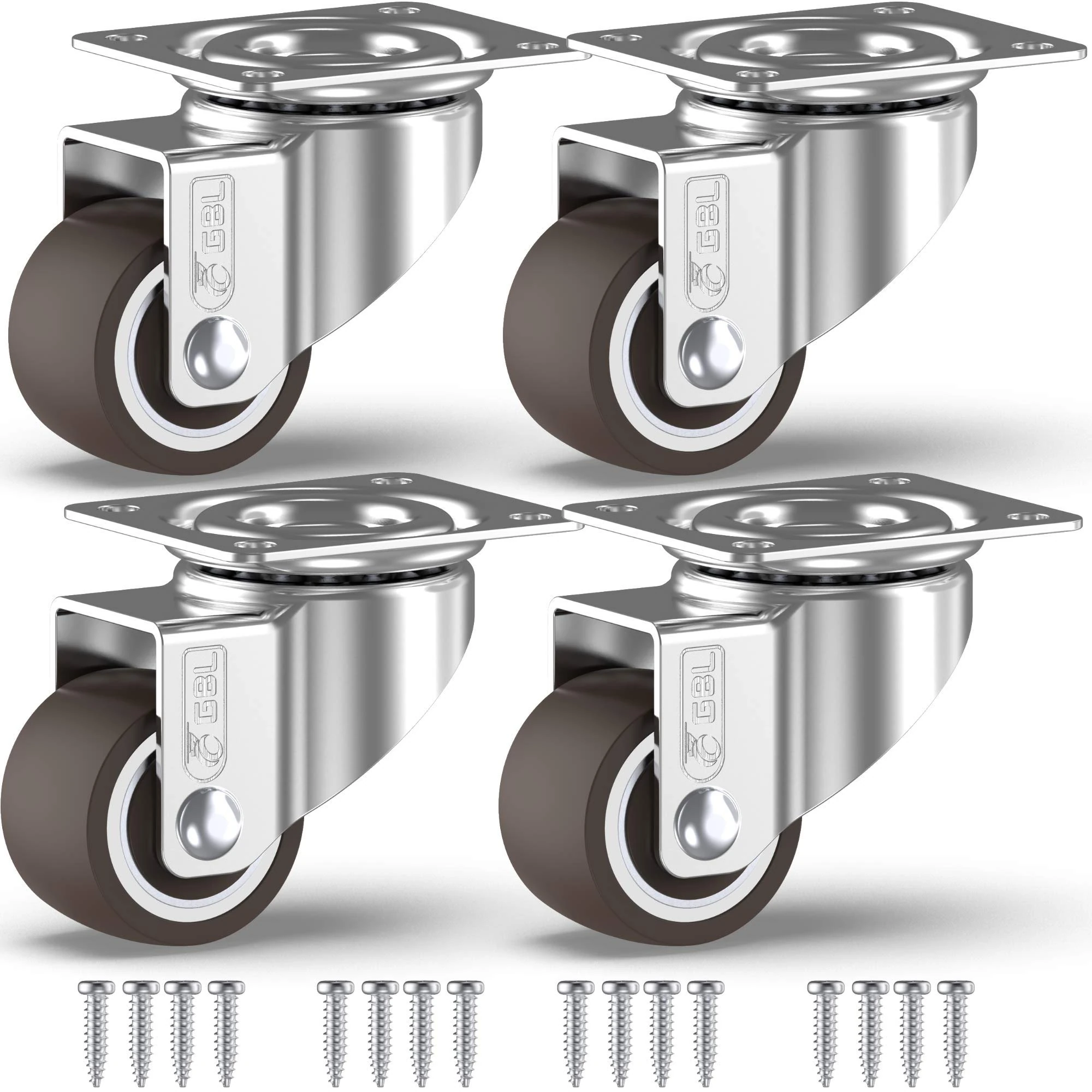 GBL Heavy Duty Castor Wheels + Screws - 25mm up to 40KG - Pack of 4 No Floor Marks Silent Caster for Furniture - Rubbered Trolley Wheels - Silver Castors