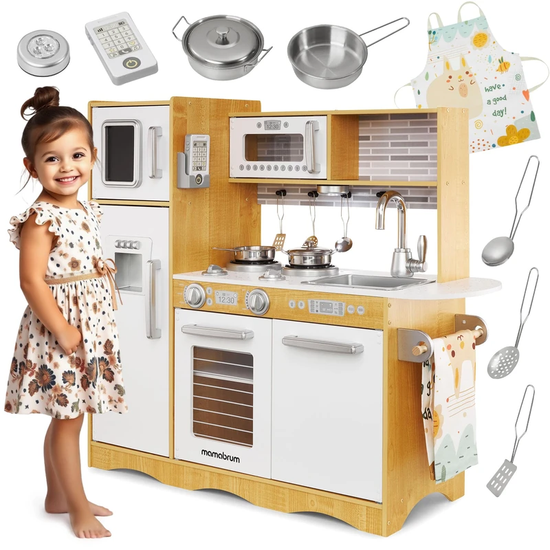 Mamabrum Baby Toys Play Kitchen with LED Lightning System, Wooden Kids Toys, Role Play Kitchen Accessories Included Pretend Play Toy Kitchen for Kids Little Chef Kitchen Playset, Natural Wood