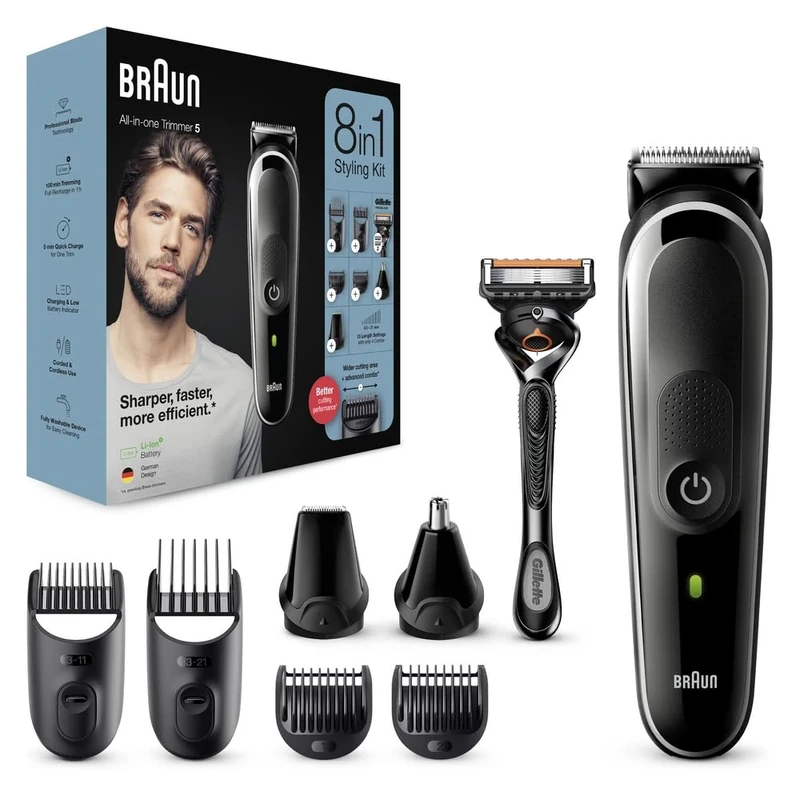 Braun 8-in-1 All-in-One Series 5, Male Grooming Kit with Beard Trimmer, Hair Clippers, Ear & Nose Trimmer & Gillette Razor, 6 Attachments, Gifts for Men, UK 2 Pin Plug, MGK5260, Black/Grey