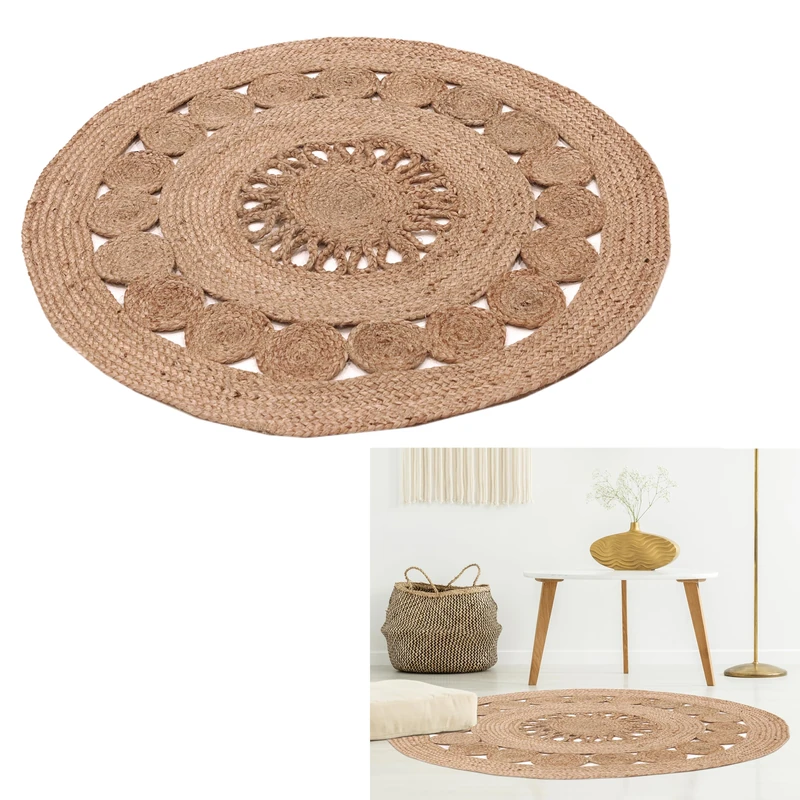 HOME DECO FACTORY TX9027 Round Jute Openwork Rug, Textile, Beige, 90 x 90 x 0.5 cm