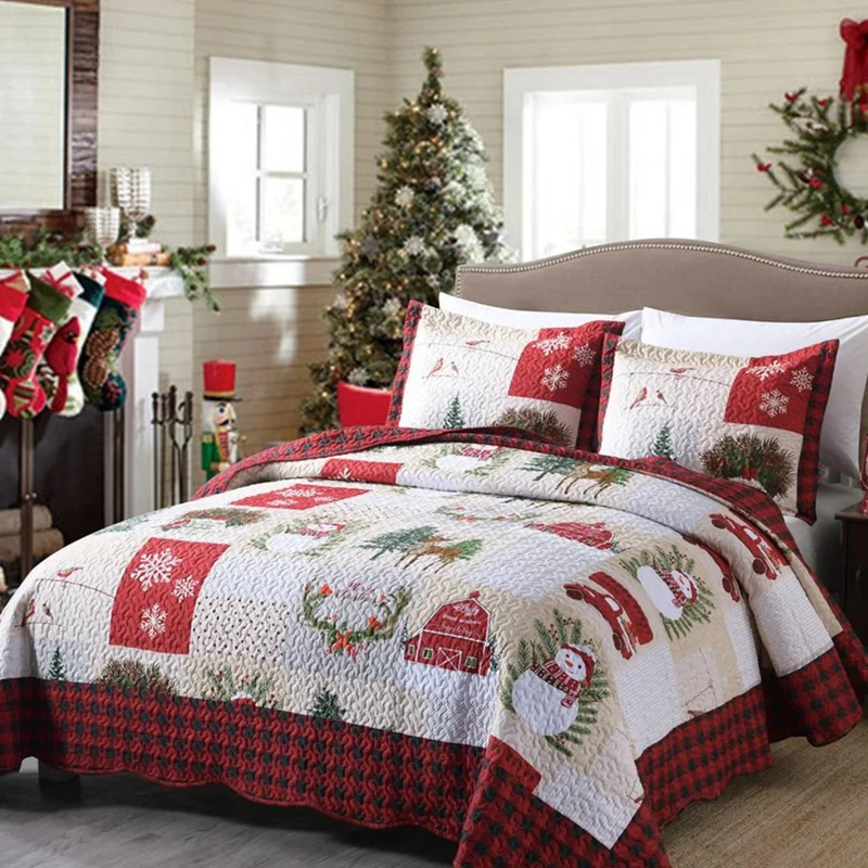 MarCielo 3 Piece Christmas Quilt Set, Rustic Lodge Deer Quilt Bedspread Throw Blanket Lightweight Bedspread Coverlet Comforter Set BY013 (King)