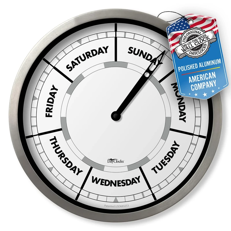 DayClocks Day of The Week Wall Clock with Aluminum Frame – Calendar Day Clock – Ideal Retirement Gift for Men & Women – 10"