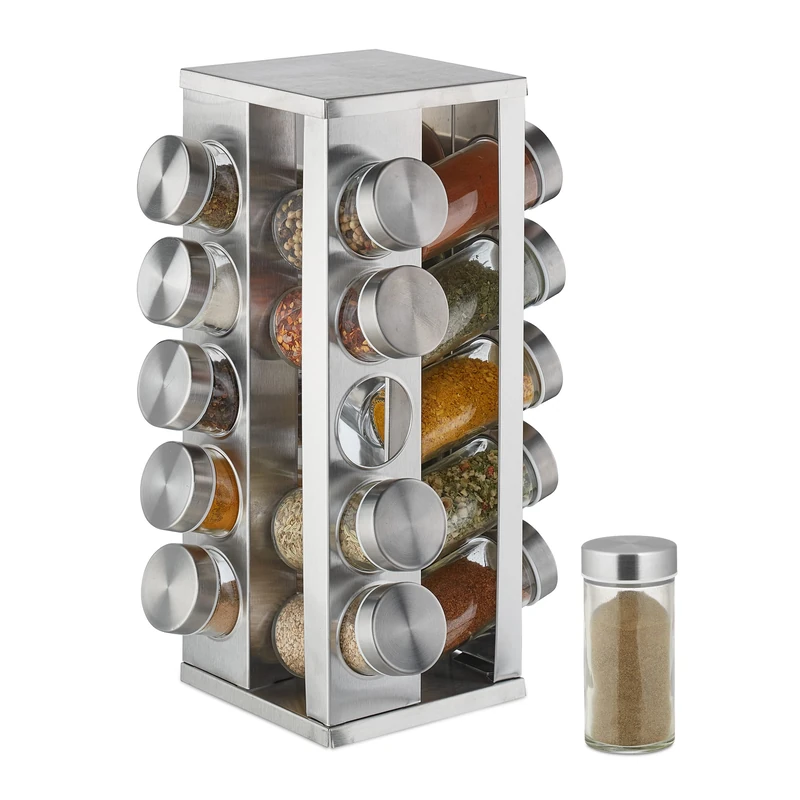 Relaxdays Spice Rack, 20 Glass Jars, Rotatable, Stainless Steel, H x D: approx. 33 x 20 cm, Silver
