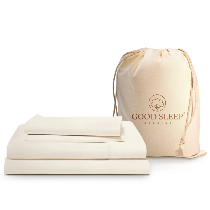 Good Sleep Bedding 100% Egyptian Cotton 1000 Thread Count Cooling Soft Sateen Weave Sheet Set with 16" Deep Pockets 4 Piece Ivory