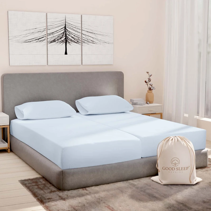 Good Sleep Bedding 1000 Thread Count 1000 Thread Count 100% Egyptian Cotton Sateen Flat Sheet Set 2 Fitted Sheets with 16" Deep Pockets Light Blue