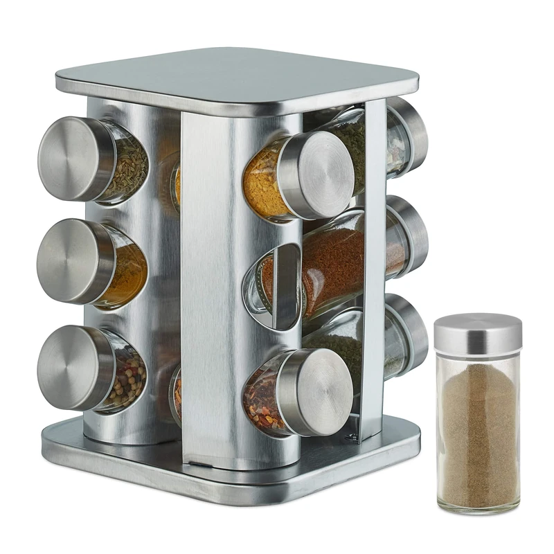 Relaxdays Spice Rack, 12 Glass Jars, Rotatable, Stainless Steel, H x D: approx. 22 x 19 cm, Silver