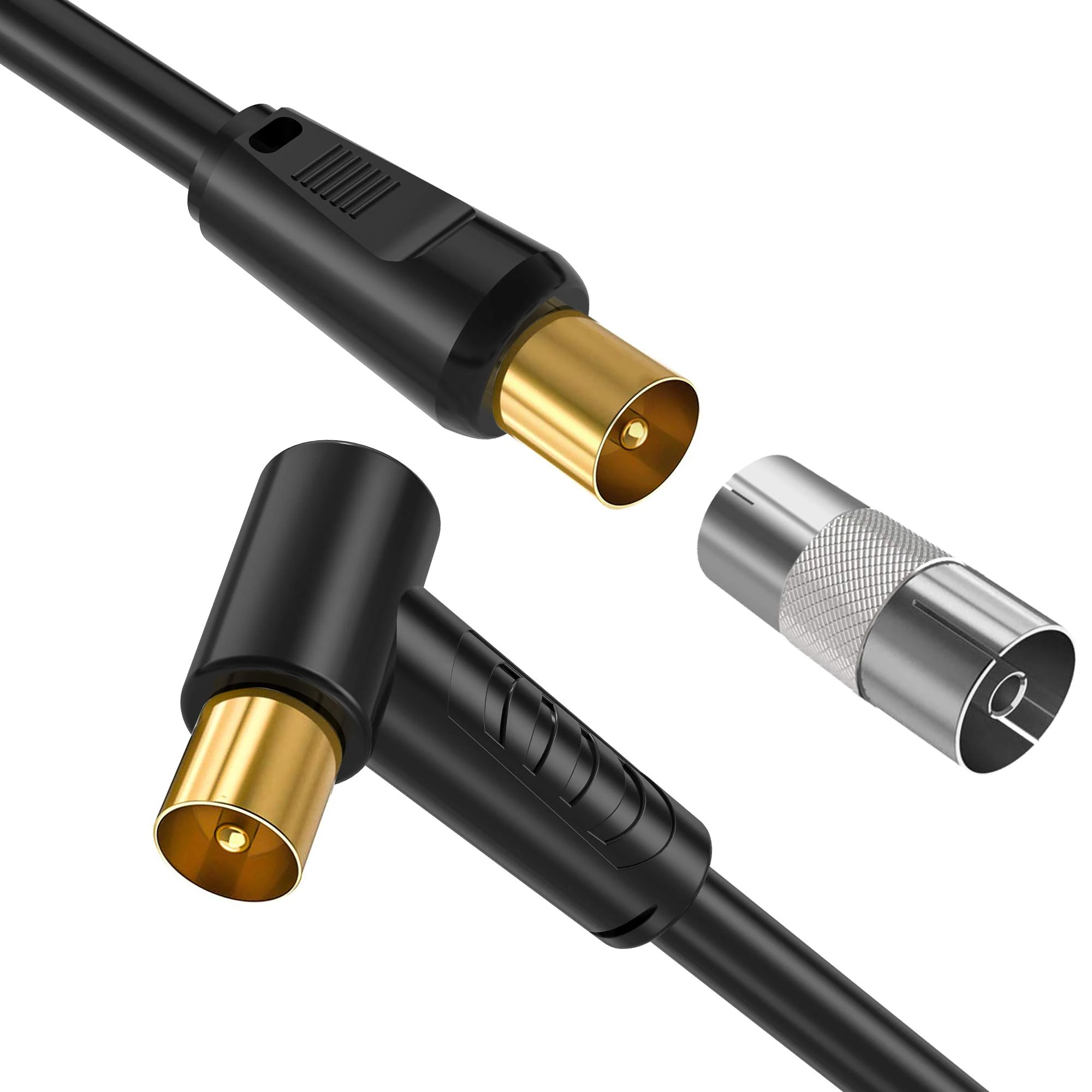 Ancable 0.5M TV Aerial Coaxial Cable Male to Male Black, Right Angle Satellite Cable RF TV Antenna Coax Gold Plated Connector Flylead for Sky/SkyHD, Virgin, BT,TV, VCR or DVD players with Coupler