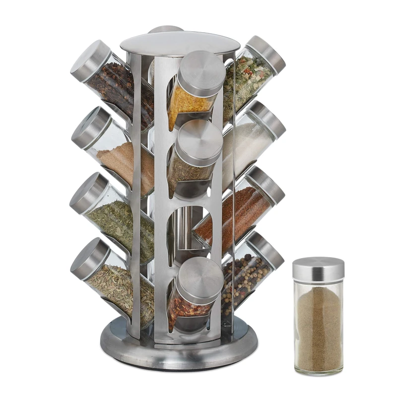 Relaxdays Spice Rack, 16 Glass Jars, Rotatable, Stainless Steel, H x D: approx. 33 x 22 cm, Silver