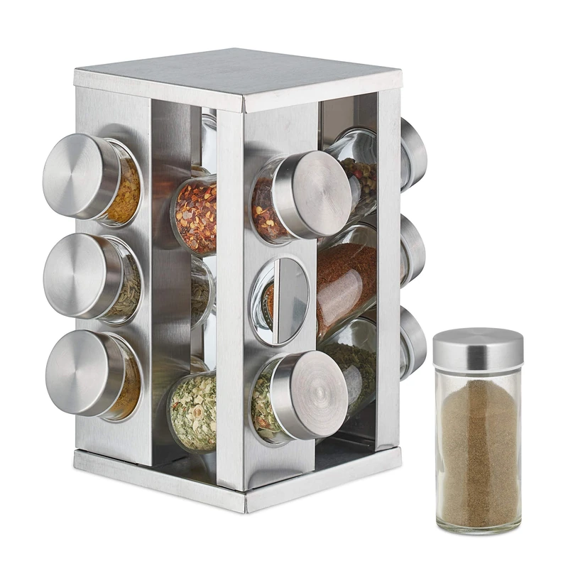 Relaxdays 10032729 Spice Rack, 12 Glass Jars, Rotatable, Stainless Steel, H x D: Approx. 22 x 19 cm, Silver
