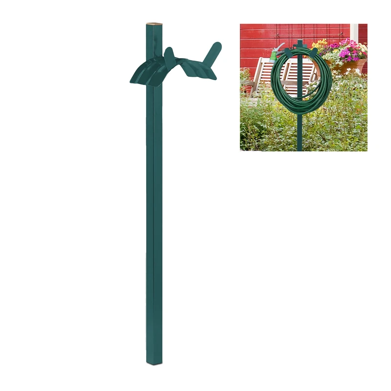 Relaxdays Standing Hose Pipe Holder, for 61 m Hosepipe, Wall-Mounted Hanger,108 x 26 x 18 cm, Steel, Green
