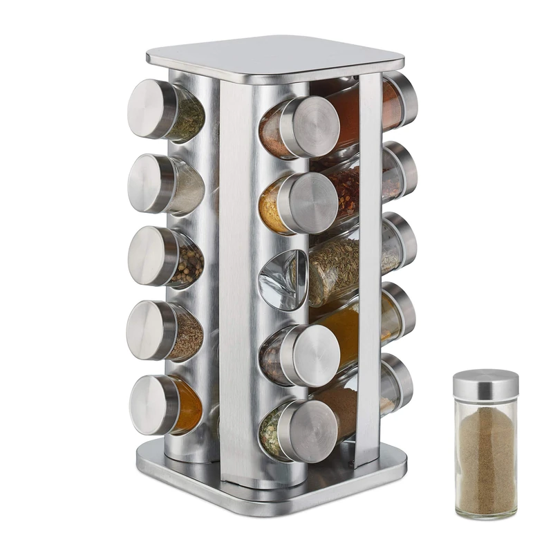 Relaxdays Spice Rack, 20 Glass Jars, Rotatable, Stainless Steel, H x D: Approx. 34 x 19 cm, Silver