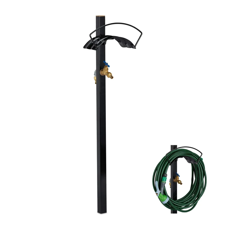 Relaxdays Standing Tap with Hose Pipe Holder, for 45 m Hosepipe, 2 x 3/4" Connectors, 107.5 x 33 x 18 cm, Steel, Black