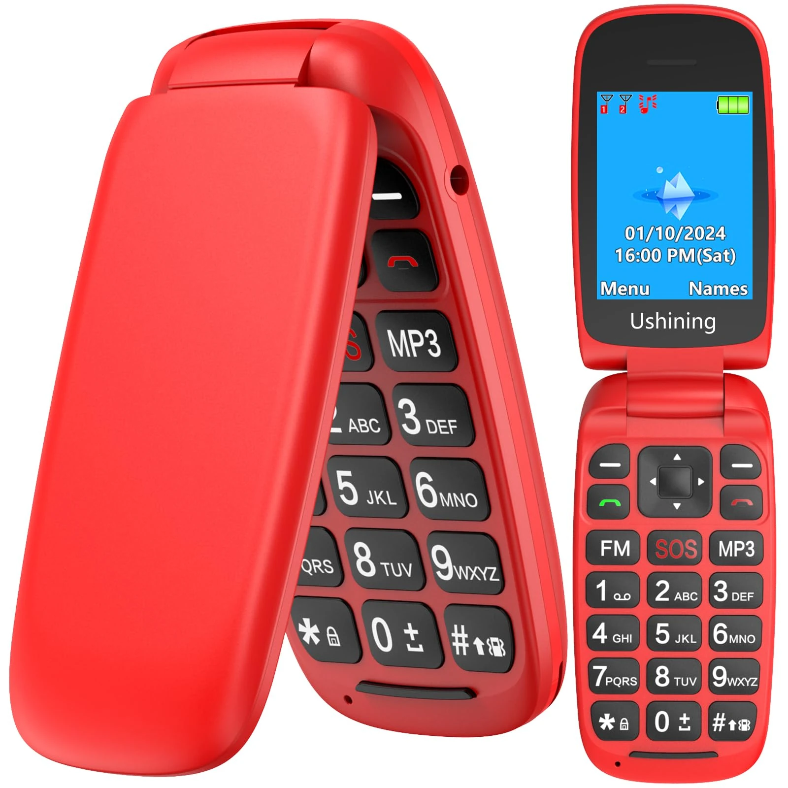USHINING Unlocked GSM Flip Mobile Phone Big Button Easy to Use,SIM Free Pay as You Go Phones,Classical & Durable (Red)