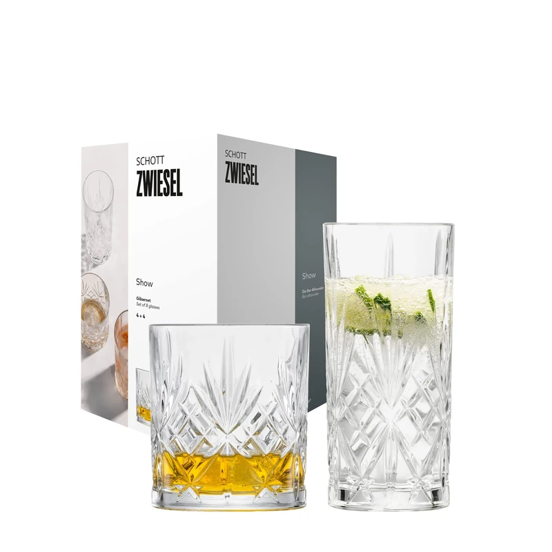 Schott Zwiesel 8-Piece Bar Set Show, 4 Graceful Highball Glasses and 4 Whiskey Glasses with Relief, Dishwasher-Safe Crystal Glasses (Art. no. 121881)