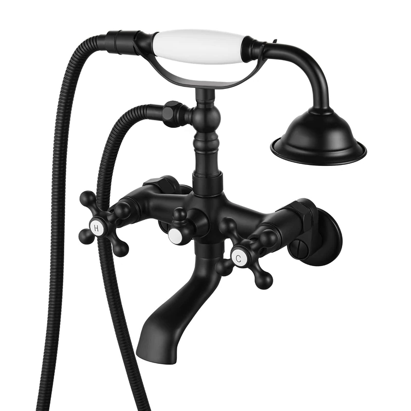 gotonovo Clawfoot Bathtub Faucet Tub Filler with Hand Held Shower Faucet Set Victorian Double Cross Handle 6 Inch Center Adjustable Swing Arms Tub Mount Short Adapter Matte Black