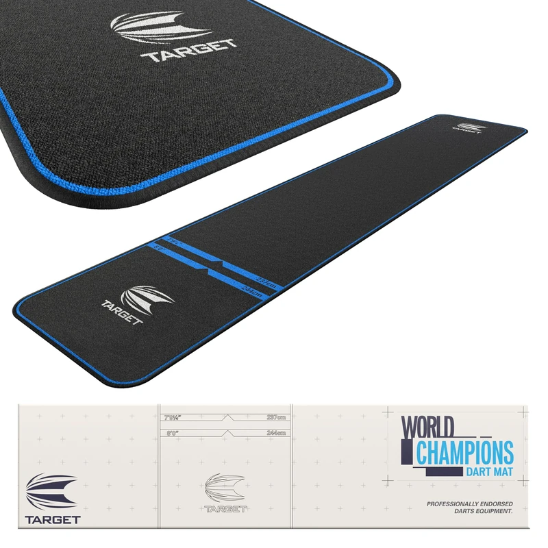 Target Darts World Champion Darts Mat Black and Blue | Dart Oche Mat with Soft Tip and Steel Tip Throw Line Distances | Non Slip Carpet Mats for Floor and Dart Tips Protection | Darts Accessories