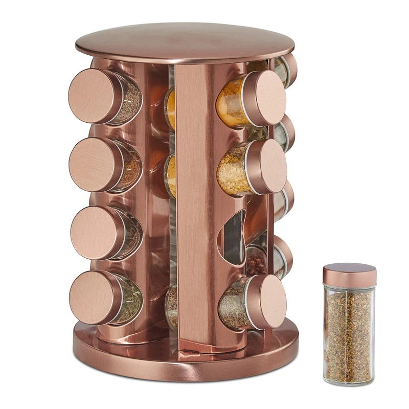Relaxdays Spice Rack, 16 Glass Jars, Rotatable, Metal, H x D: approx. 28 x 22 cm, Copper