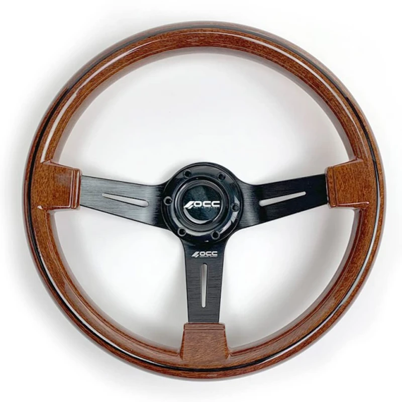 OCC MOTORSPORT SEMI-DISPLACED STEERING WHEEL CLASSIC MODEL WOOD BLACK ARMS - 63 MM SEMI DISH WHEEL - 350MM (14 INCH)