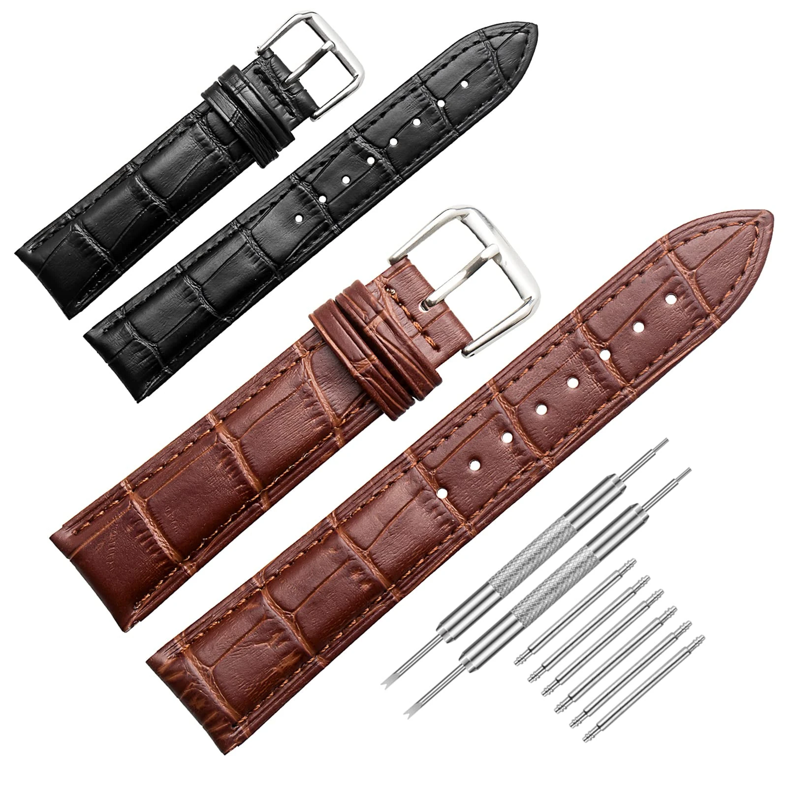 (2 pcs) Universal Leather Watch Straps,Genuine Leather Watch Straps,Stainless Steel Watch Band Buckle,Quick Release, Replacement Watchbands for Men Women (with Watch Strap Pins,Watch Strap Tool)