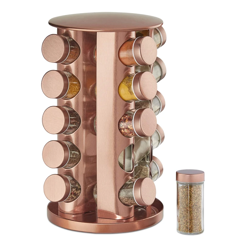 Relaxdays Spice Rack, 20 Glass Jars, Rotatable, Stainless Steel, H x D: approx. 34 x 22 cm, Copper