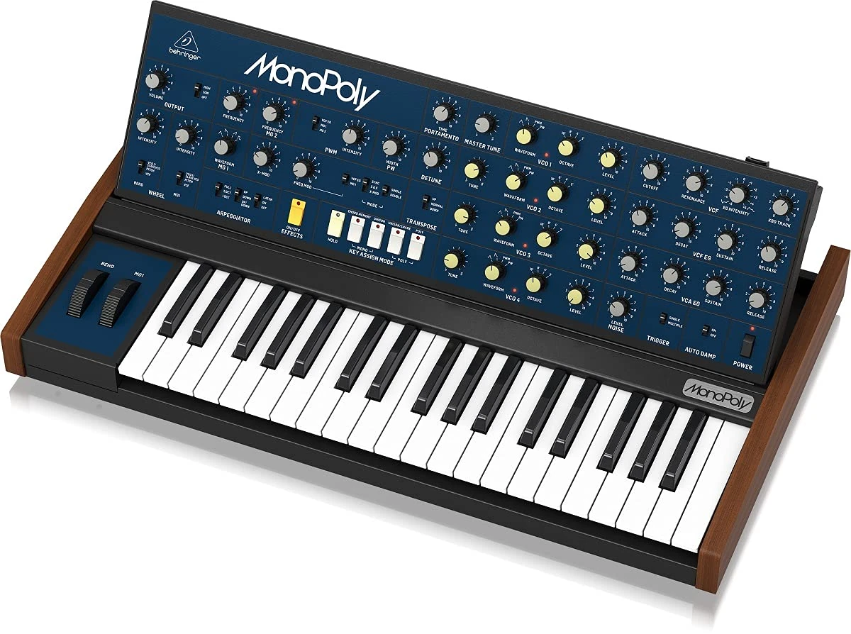 Behringer MONOPOLY 4-voice analog polyphonic synthesizer with 37 full-size keys, 4 VCO, VCF, 2 LFO, 2 envelopes, sync and cross modulation and arpeggiator, Compatible with PC and Mac