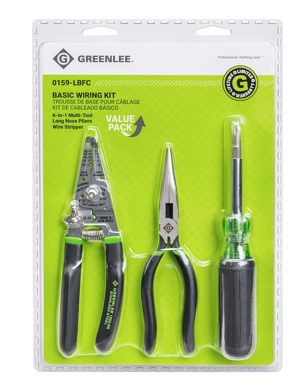 Greenlee, 0159-LBFC, 3-Piece Electrician Tool Kit with Stainless Steel Wire Stripper and Cable Crimper, 6-in-1 Multi-Tool Screwdriver and Bonus 7-Inch Long Nose Side-Cutting Pliers