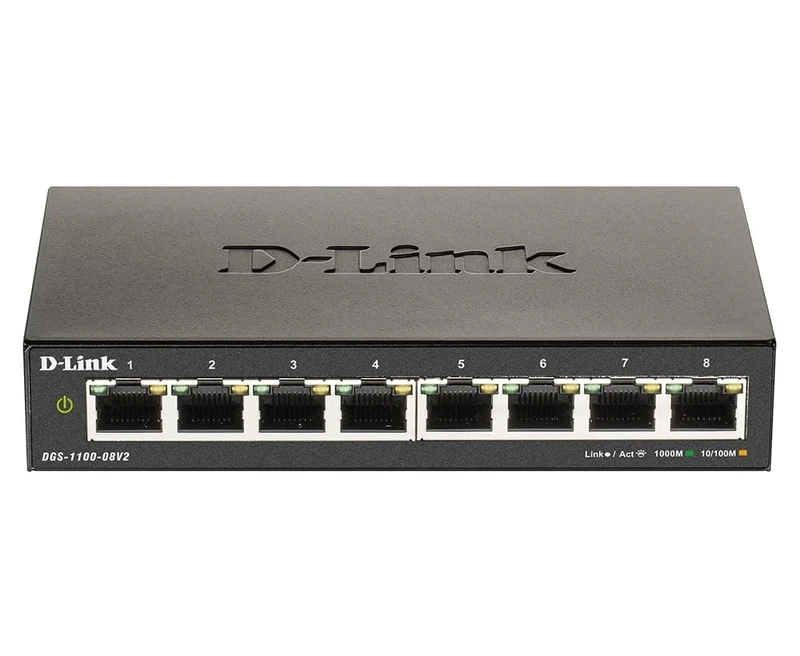 D-Link DGS-1100-08V2 8-Port Gigabit Smart Managed Switch with VLAN support, layer 2 features, QoS, 802.3az EEE, Fanless, Black