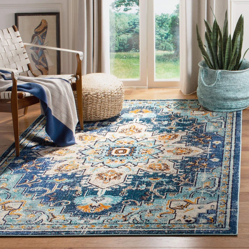 Safavieh Distressed Rug for Living Room, Dining Room, Bedroom - Madison Collection, Short Pile, in Blue and Light Blue, 122 X 122 cm