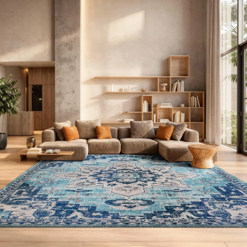 Safavieh Boho Rug for Living Room, Dining Room, Bedroom - Madison Collection, Short Pile, in Teal and Navy, 244 X 305 cm