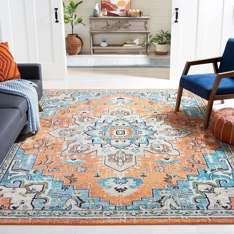 Safavieh Boho Rug for Living Room, Dining Room, Bedroom - Madison Collection, Short Pile, in Orange and Teal, 244 X 305 cm