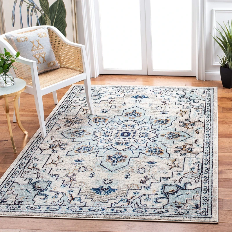 Safavieh Boho Rug for Living Room, Dining Room, Bedroom - Madison Collection, Short Pile, in Ivory and Light Blue, 160 X 230 cm