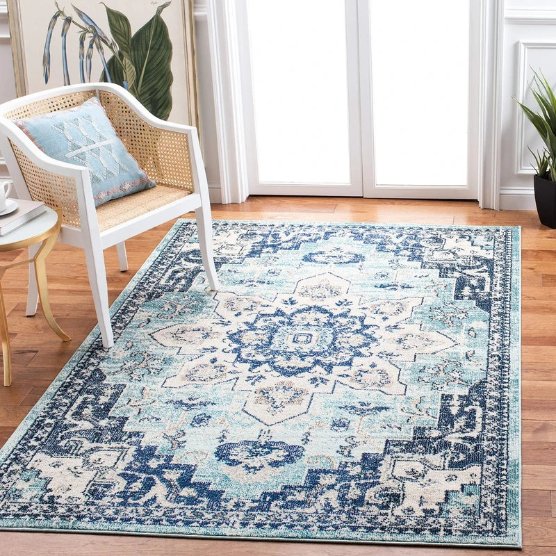 Safavieh Boho Rug for Living Room, Dining Room, Bedroom - Madison Collection, Short Pile, in Teal and Navy, 160 X 229 cm